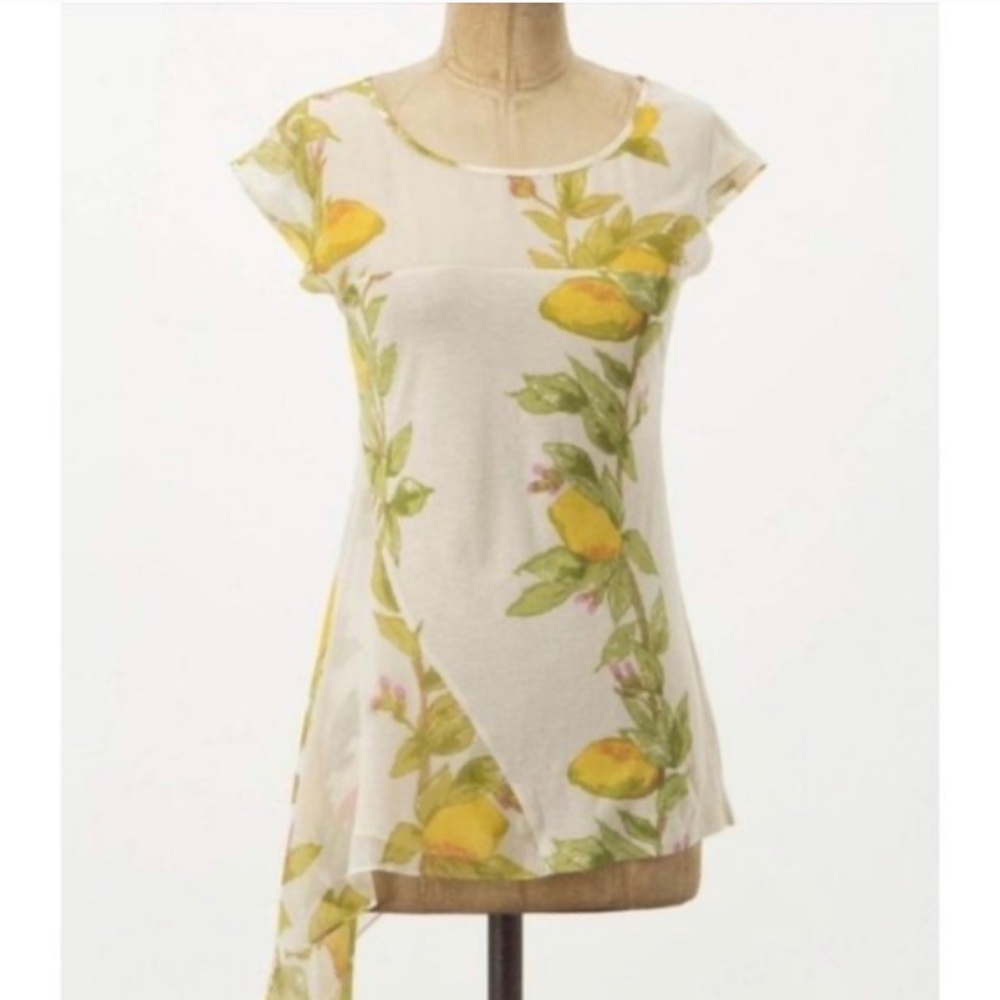 Anthropologie Tiny: Lemon Print Silk Asymmetric Hem Top